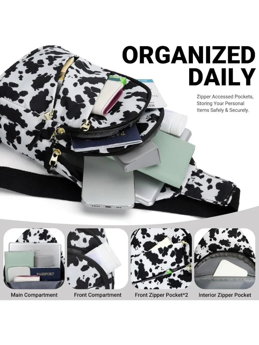 Women's Cow Print Lightweight Small Hiking Sling Outdoors Travel Crossbody Bags